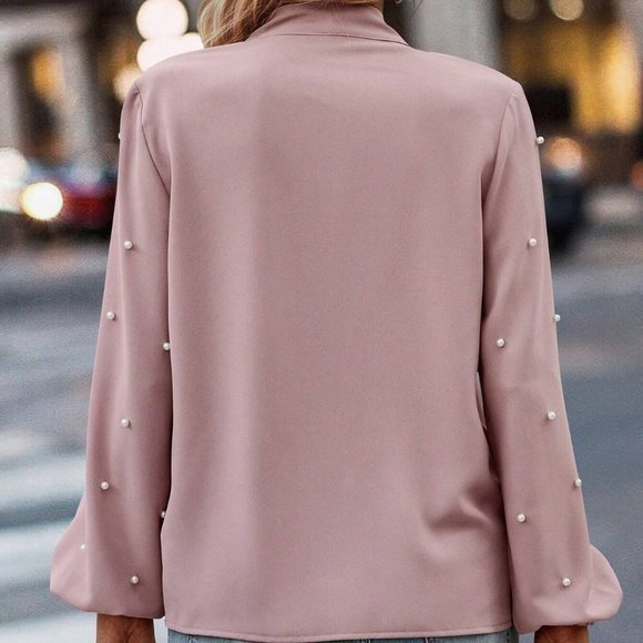 Dusty Pink Preppy Womens Pearls Beaded Tie Neck Lantern Sleeve Blouse - Picture 2 of 4